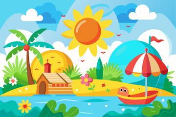 Colorful Illustration of a Tropical Island with a Small Boat and a Sun