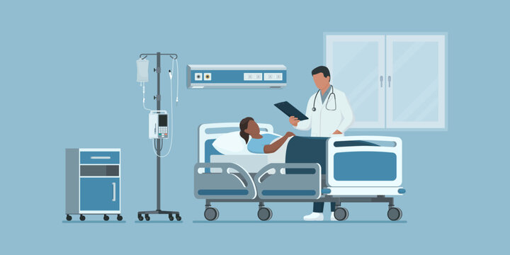 Doctor visiting a patient lying in bed at the hospital, healthcare and medicine concept