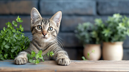 Curious kitten with green eyes in a garden setting surrounded by lush potted plants. Copy space. Generative AI	