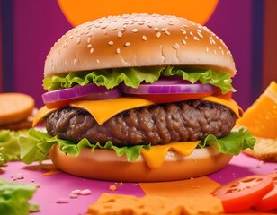 A close-up shot of a cheeseburger with a sesame seed bun, beef patty, cheese, lettuce, and tomato slices against an orange background