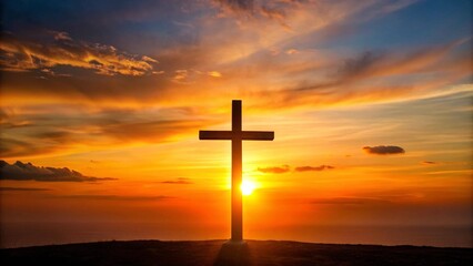 Silhouetted Hope: A Cross Against the Setting Sun  Generative AI