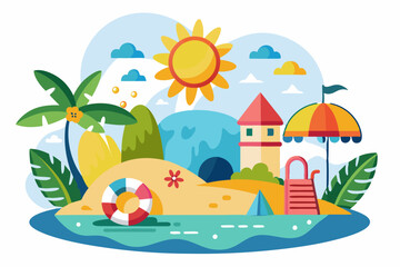 A Colorful Illustration of a Summer Beach Scene with a Palm Tree, Sun, and a Small House