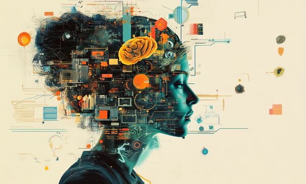 There is a picture of a womans head with a clockwork on it