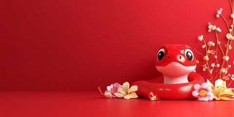 Fototapeta premium Chinese Zodiac Charming Red Snake in 3D Art: A Minimalist Chinese New Year HD Wallpaper with Floral and Gold Foil on a Crimson Background, Embracing the Festive Spirit of Lunar New Year.