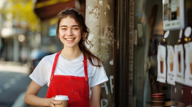 The barista in red apron