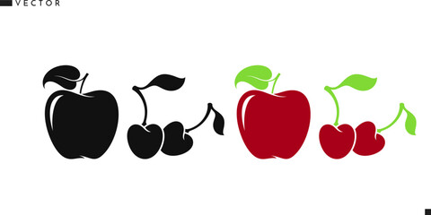 Natural food. Apple and cherry with leaves vector. Isolated fruit on white background