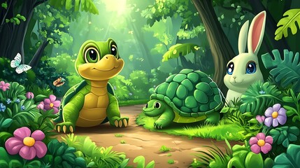Cartoon turtle with rabbit in the jungle
