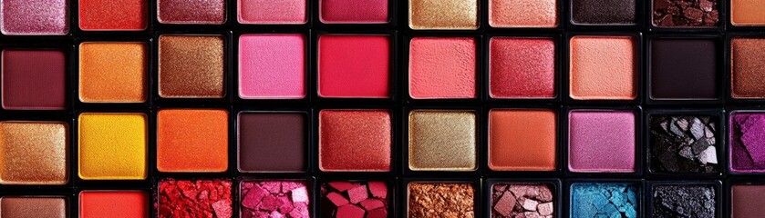 Fototapeta premium Vibrant makeup palette with diverse shades of eye shadow arranged in a colorful grid. Perfect for beauty, cosmetics, and makeup-related projects.