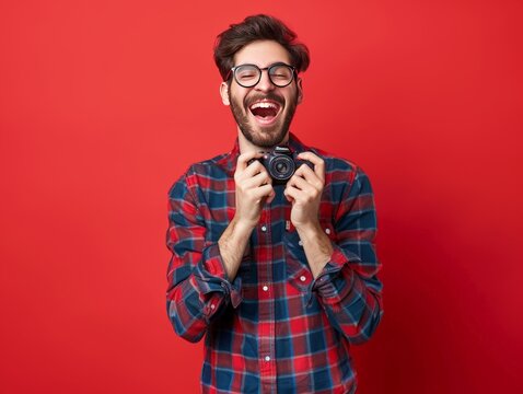 Photo of ecstatic man with glasses dressed in a modern top holding a camera in hands beaming isolated on zaffre color background