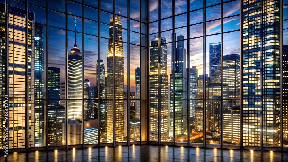 Poster illuminated metropolis: a stunning visualization of a modern skyscraper bathed in the glow of nightt