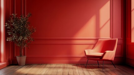 Red Room Interior Design with nature light with a tree in the corner.