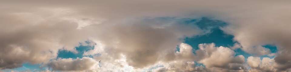 Sunset sky with bright glowing pink Cumulus clouds. Seamless spherical HDR 360 panorama. Full zenith or sky dome in 3D, sky replacement for aerial drone panoramas. Climate and weather change.