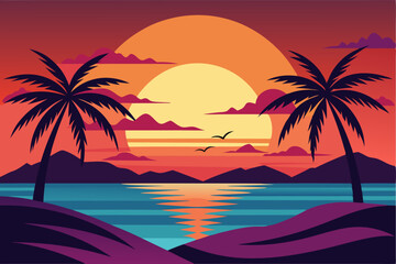 Obraz premium Sunset Over Tropical Beach with Palm Trees