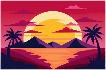 Obraz premium Tropical Sunset with Palm Trees and Mountains