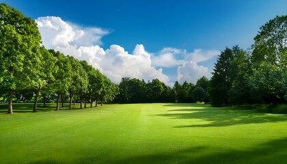 Fototapeta premium Lawn filled surrounding by trees against blue sky with clouds.