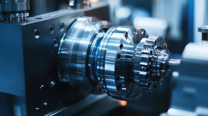 Fototapeta premium Detailed Close-Up of Engine Block Lathe with Gears in Automotive Manufacturing