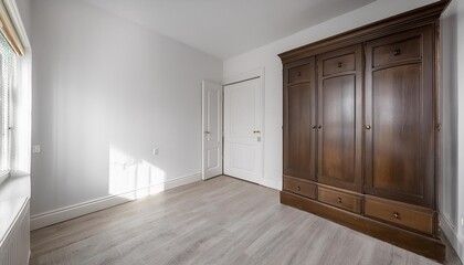 Empty room with whitewash walls and built in wardrobe