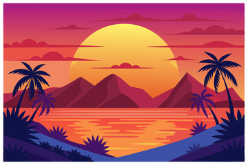 Sunset Landscape with Palm Trees and Mountains