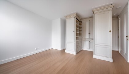Empty room with whitewash walls and built in wardrobe