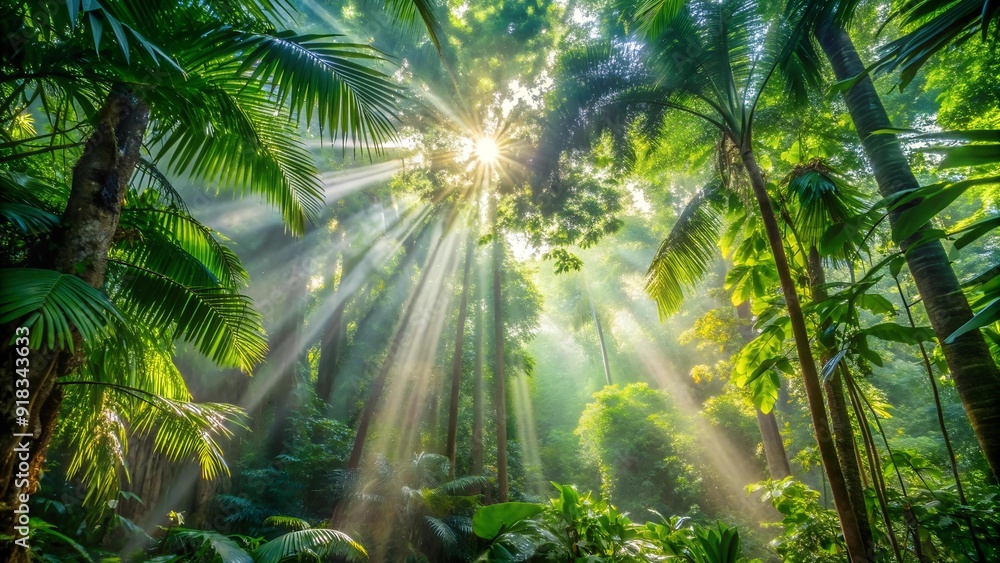 Poster sunlight dappling through the dense rainforest canopy generative ai