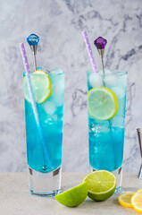 Refreshing blue curacao, vodka and lemonade cocktail