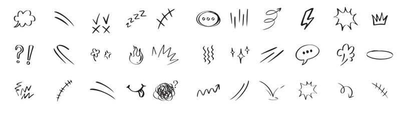 doodle hand drawn cute cartoon expression sign line curve arrows emoticon elements symbols vector 