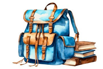 Watercolor illustration about school books and backpack on isolated white background, learning, educational study seasonal theme concept.
