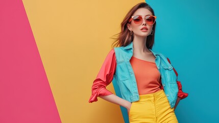 Fashionable Woman In Colorful Outfit Posing Against Bright Background