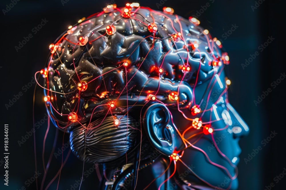 Poster detailed image portraying a model head with an illuminated brain network, symbolizing ai and neural 