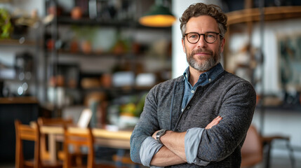 Fototapeta premium Confident middle-aged man with glasses standing with arms crossed in modern cozy workspace.