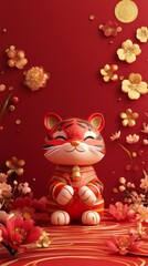 Fototapeta premium Chinese Zodiac Valiant Red Tiger in 3D Art: A Minimalist Chinese New Year HD Wallpaper with Floral and Gold Foil on a Crimson Background, Celebrating the Spring Festival.