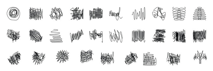 Big set different scribbles, sketch pencil, confusing process path, messy line, hand drawn patterns, isolated vector