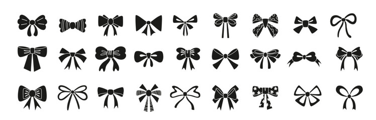 Black bowknot collection. isolated silhouettes of gift bows on a white background. These festive vector illustrations can be used for decoration, celebrations, weddings, and party designs.
