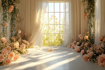 Background wedding luxurious white room with flowers and sunshine through the windown generate AI	