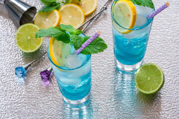 Refreshing blue curacao, vodka and lemonade cocktail