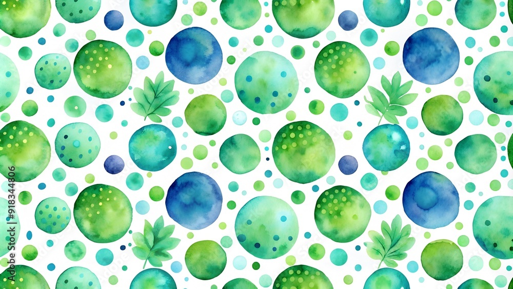 Poster emerald dreams: a watercolor abstract seamless pattern with lush green polka dots generative ai