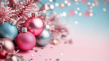 Fototapeta premium Pink and Blue Christmas Ornaments with Festive Bokeh Background