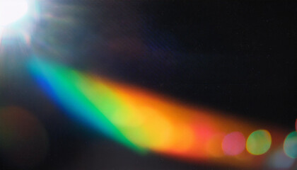 Obraz premium Abstract Light Refraction on Black Background. Spectrum of Rainbow Colors Blurred by Lens Flare, Featuring Vibrant Red, Orange, Green, and Blue Hues in a Soft, Ethereal Glow