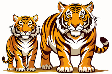 Fototapeta premium Two Tigers Standing Side by Side with the Larger One in Front