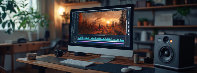 A computer is placed on a table, the screen showing a timeline of video clips being arranged and edited