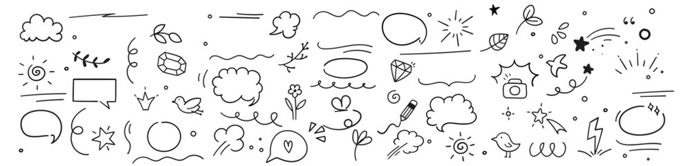 Cute Doodle pen line elements. Heart, bubble, doodle, arrow, star, icon, shiny ornaments set. Simple drawing in line style sketch, attention, lettering, text, pattern elements. Vector illustration.