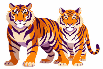Two Tigers Standing Side-by-Side with Purple Stripes