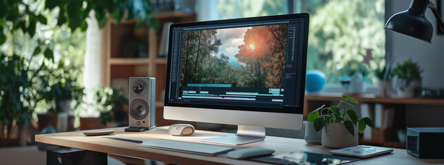 A computer is placed on a table, the screen showing a timeline of video clips being arranged and edited