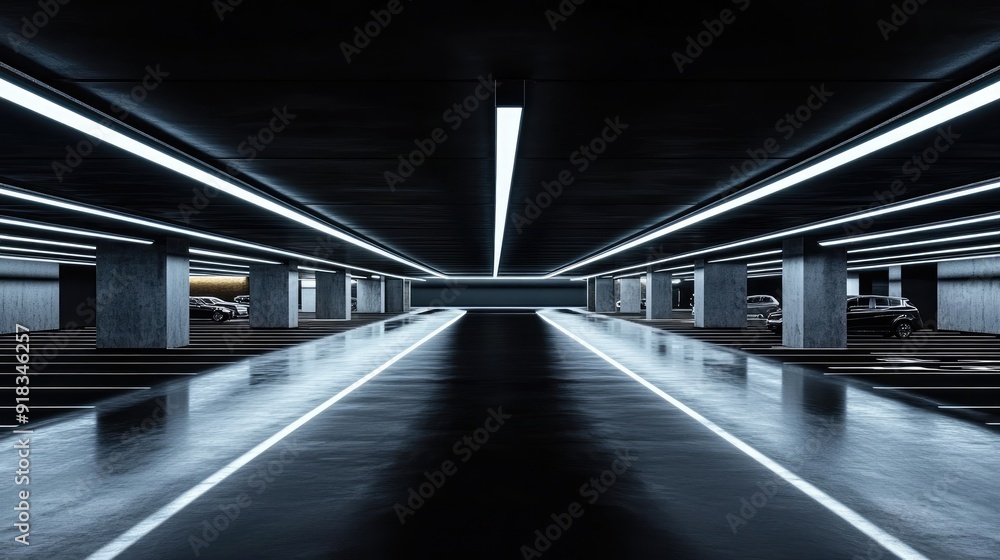 Wall mural Futuristic dark architecture with car park, empty black floor. concept of car sale, automobile, automotive empty space or area in showroom, shop or store. for product display 