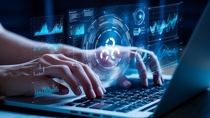 An analyst uses a computer and dashboard for data business analysis and Data Management System with KPI and metrics connected to the database for technology finance, operations, sales, marketing