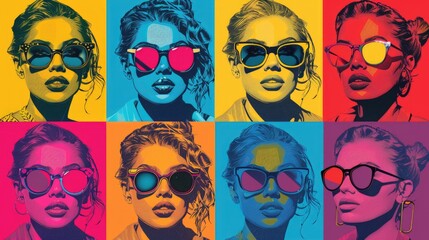 A vibrant pop art illustration featuring a woman in sunglasses, repeated in a grid of eight colorful squares.