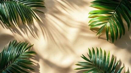 Obraz premium summer background of beach sand with shadows from palm leaves