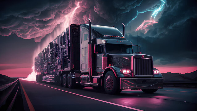 A colossal, obsidian semi truck hurtles through a neon-drenched highway.