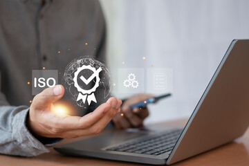 Quality Assurance, Standard Warranty ISO, businessman working with computer services, quality certification concept, standards	