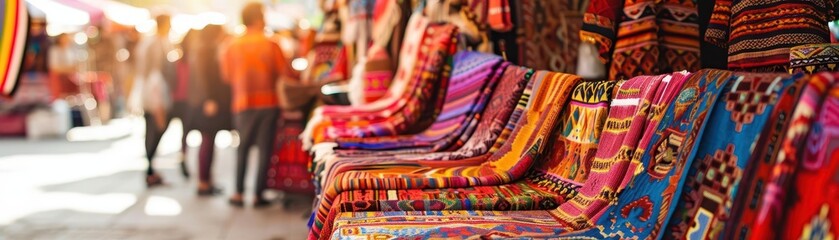 Fototapeta premium Vibrant textiles displayed in a lively market, showcasing colorful patterns and artistic craftsmanship, perfect for cultural projects.